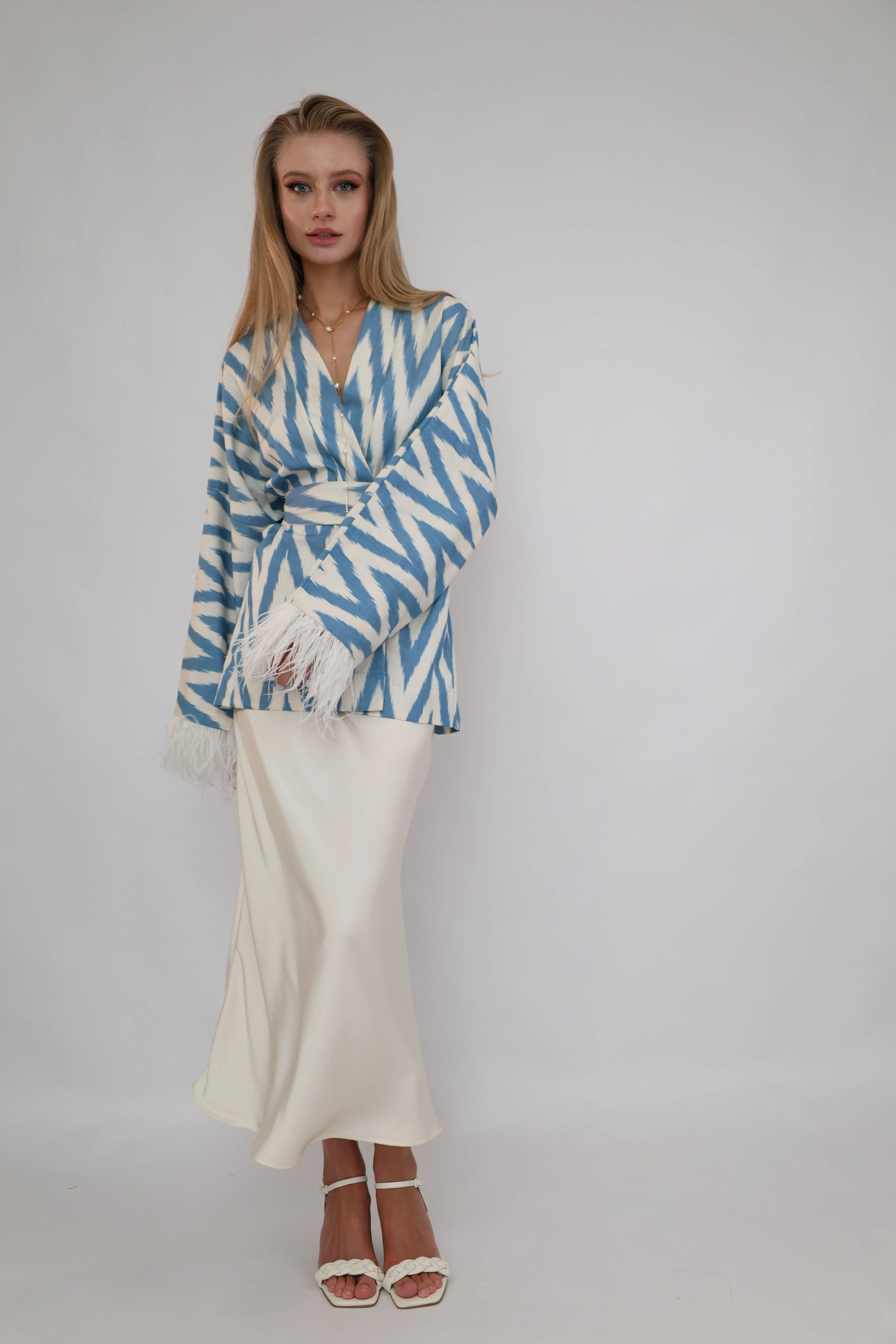 100% Cotton Blue Mini Zig Zag Kimono With Feathers
