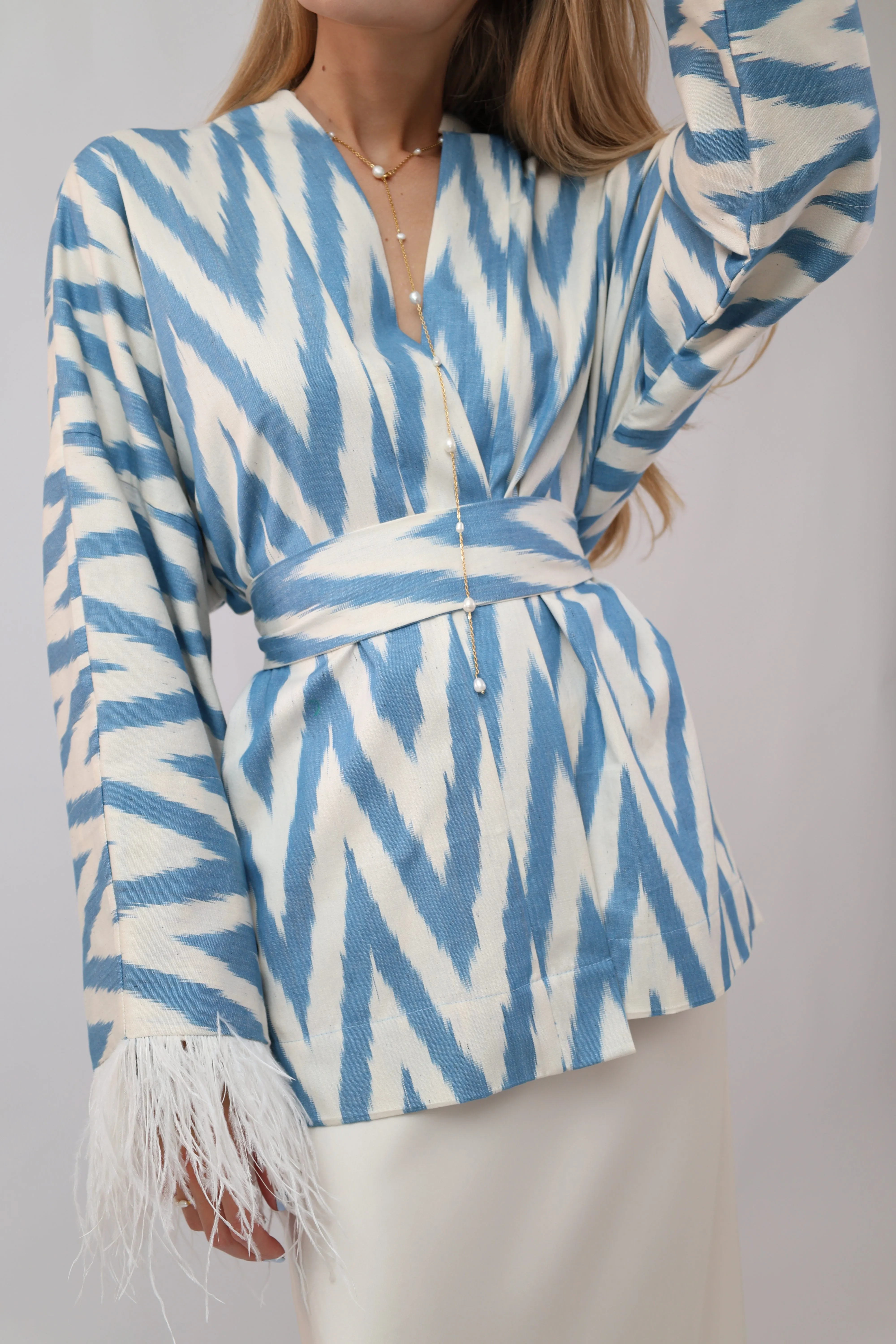 100% Cotton Blue Mini Zig Zag Kimono With Feathers