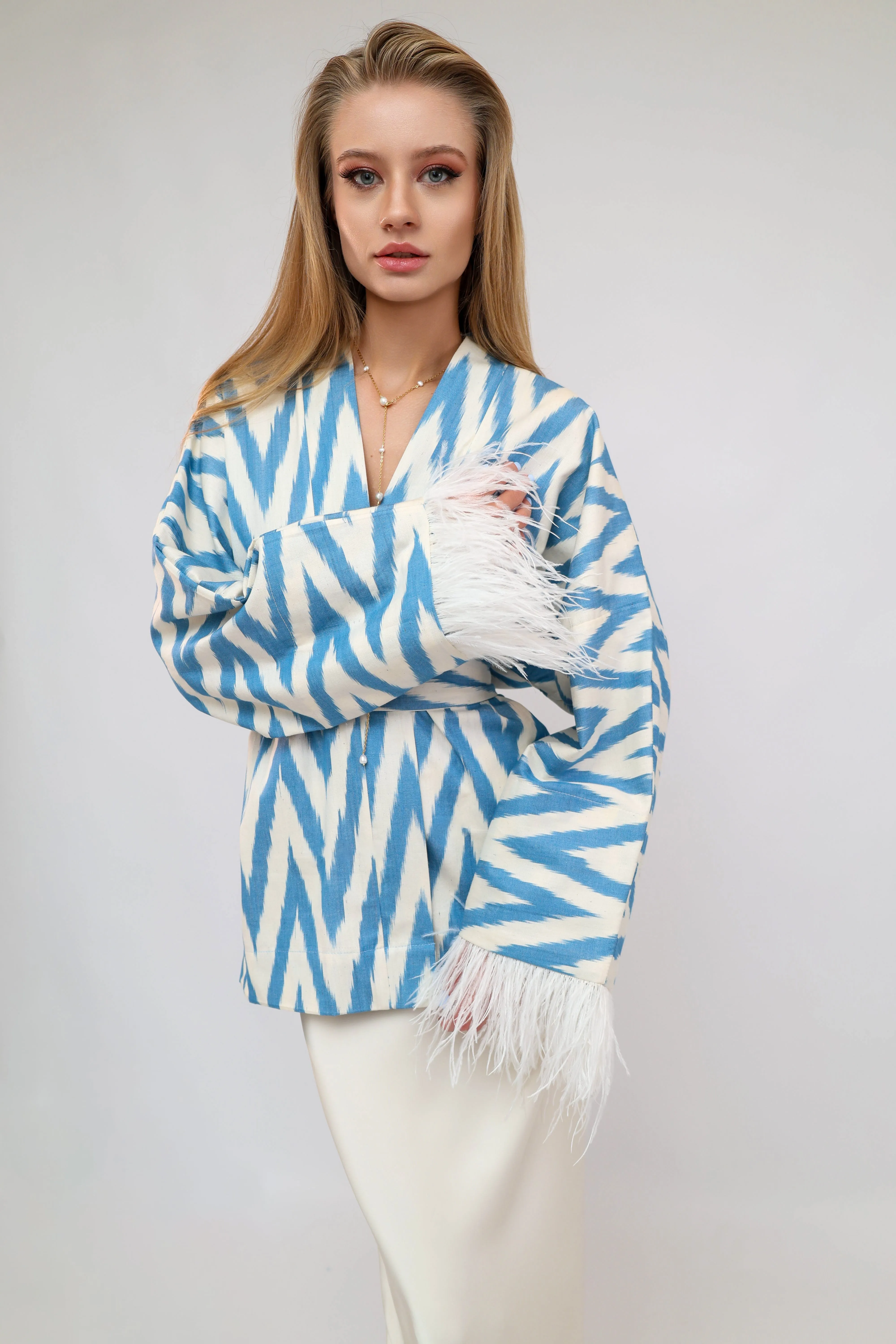 100% Cotton Blue Mini Zig Zag Kimono With Feathers