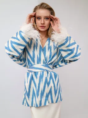 100% Cotton Blue Mini Zig Zag Kimono With Feathers