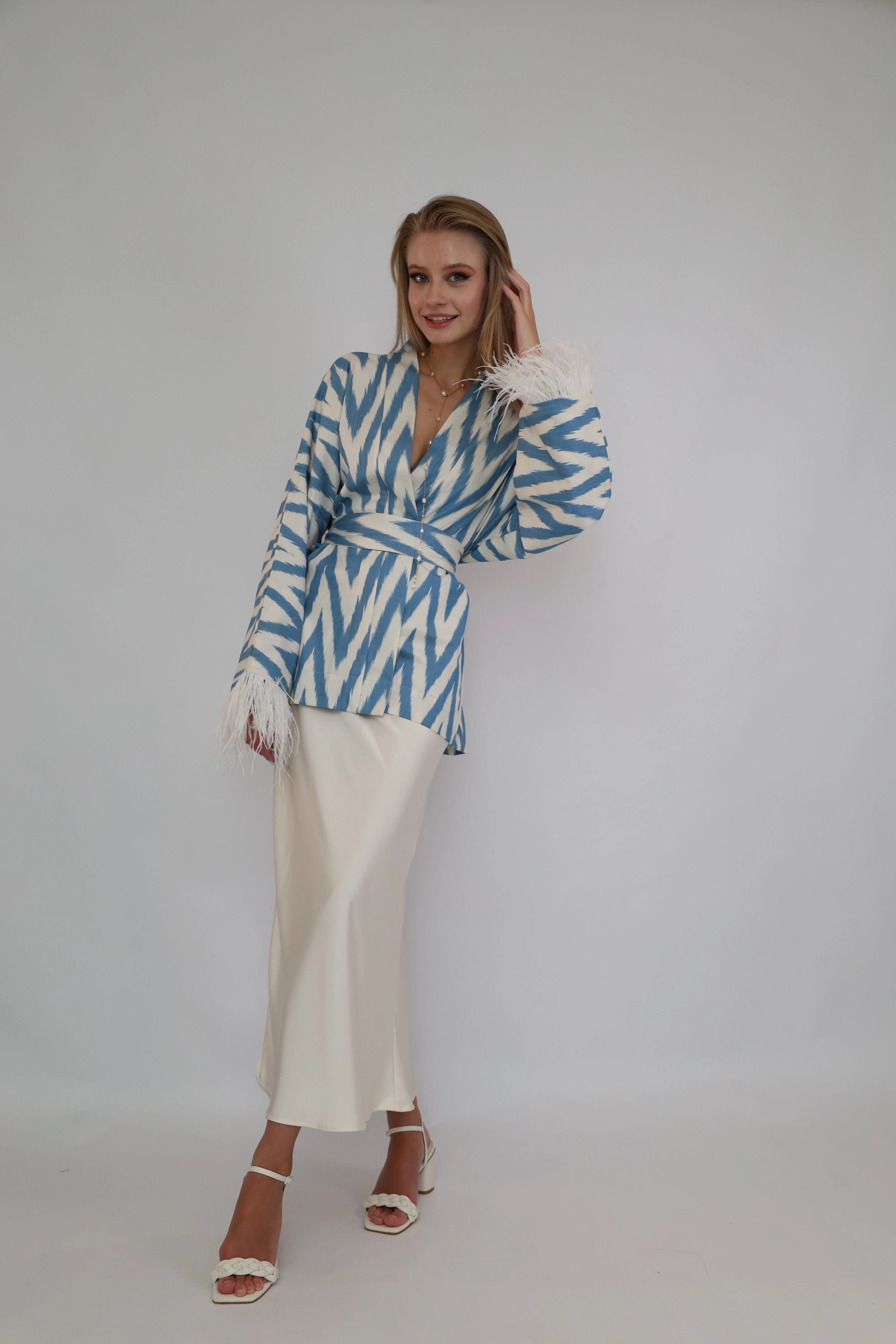 100% Cotton Blue Mini Zig Zag Kimono With Feathers
