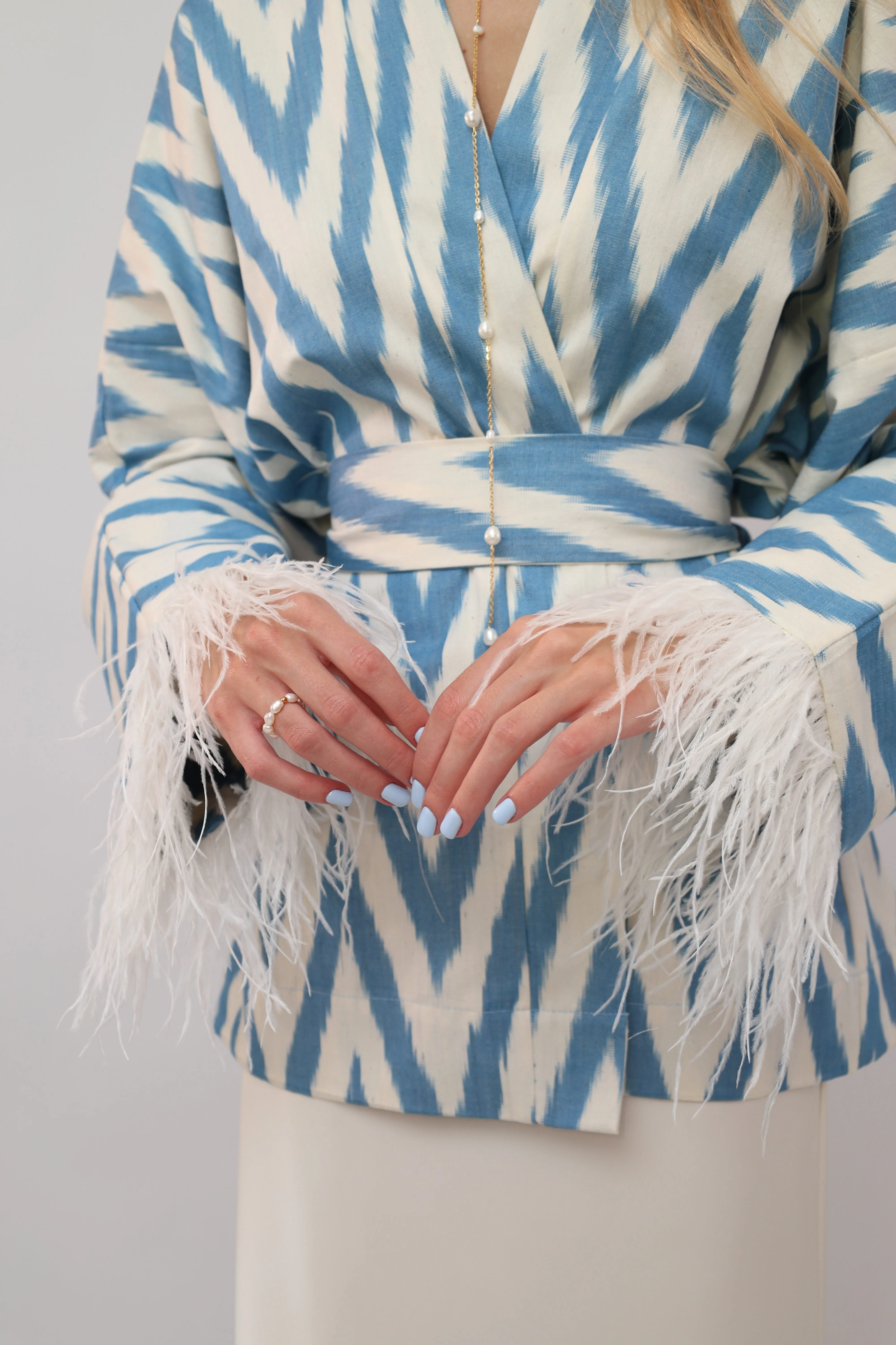 100% Cotton Blue Mini Zig Zag Kimono With Feathers