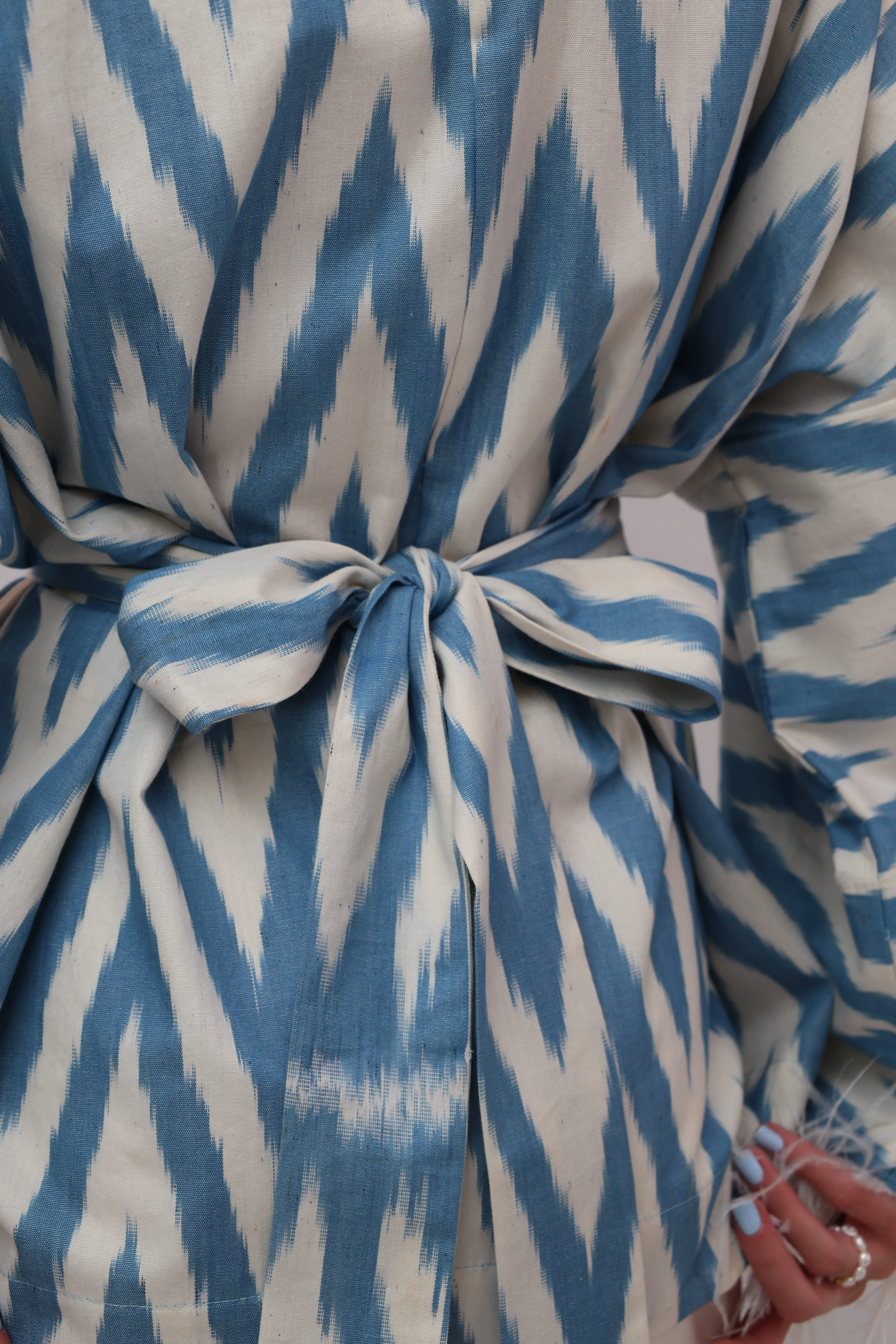 100% Cotton Blue Mini Zig Zag Kimono With Feathers