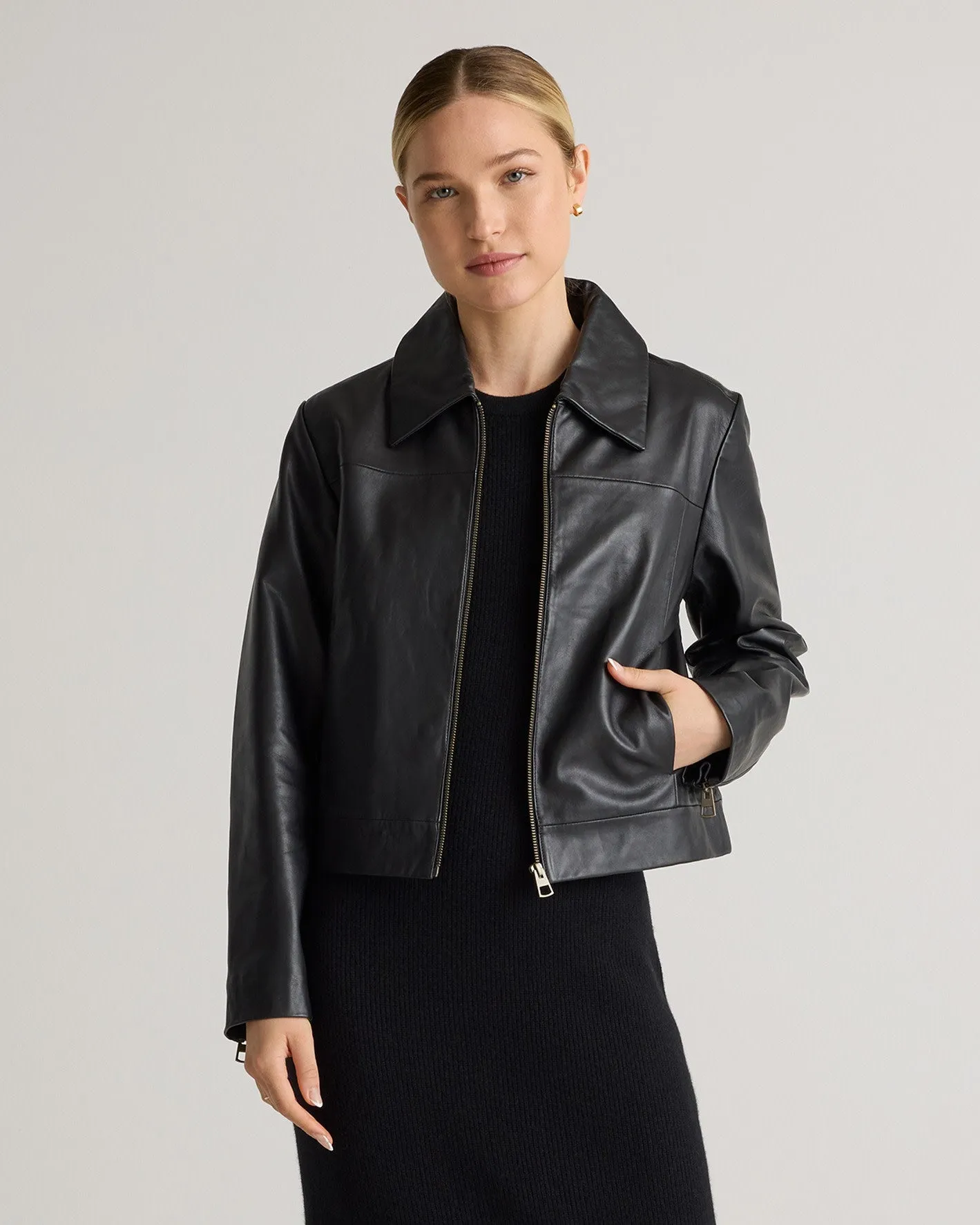 100% Leather Cropped Zip-Front Jacket