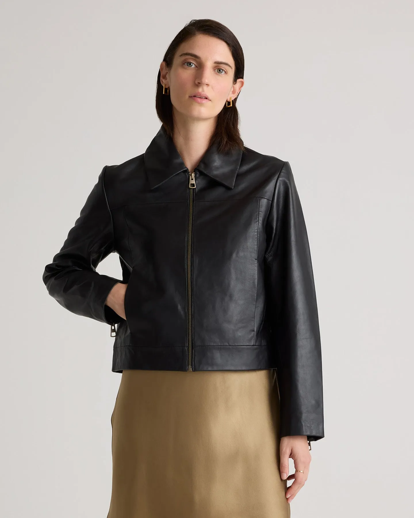 100% Leather Cropped Zip-Front Jacket