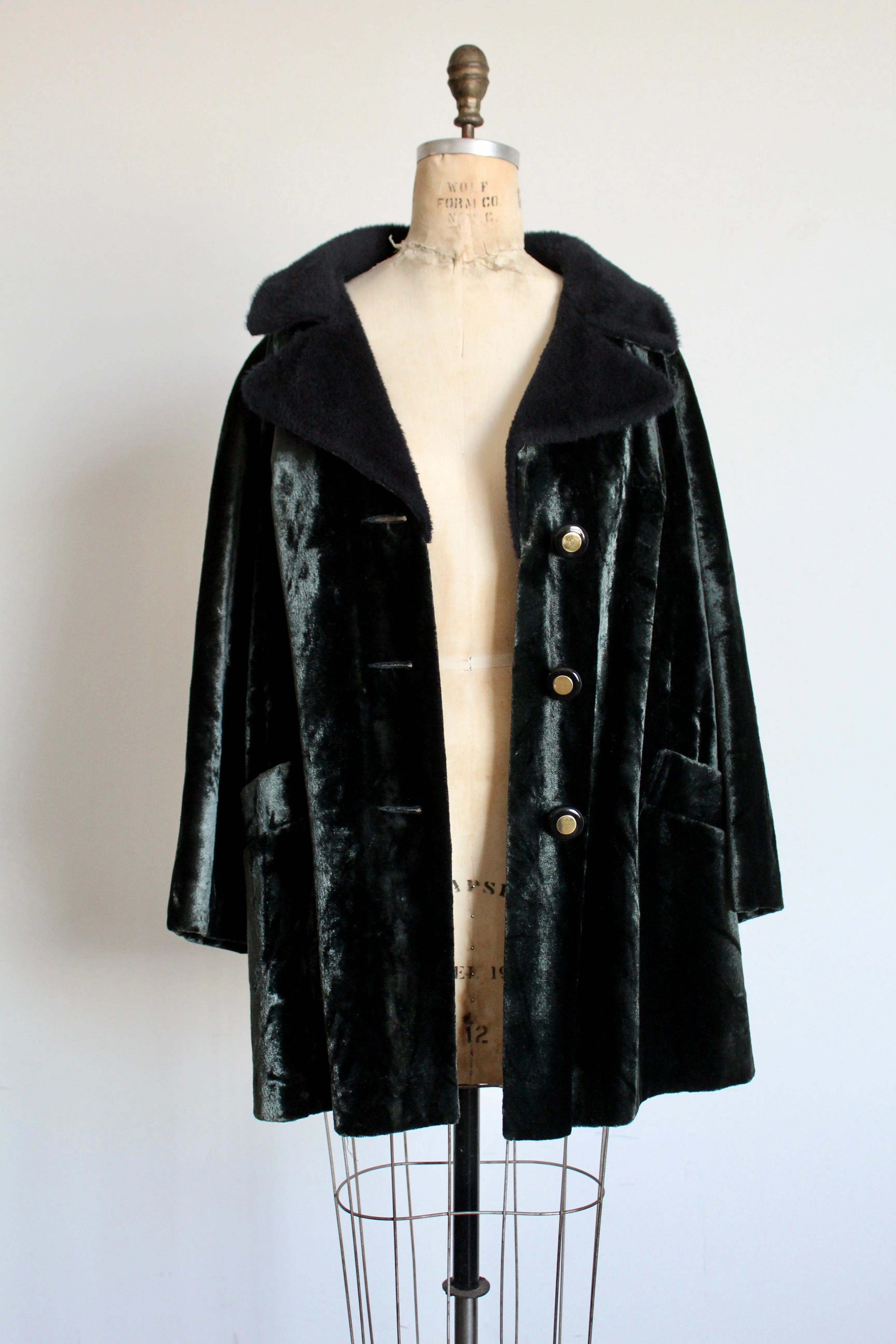 1960s Green Black Velvet Sharkskin Peacoat w/ Faux Fur Collar