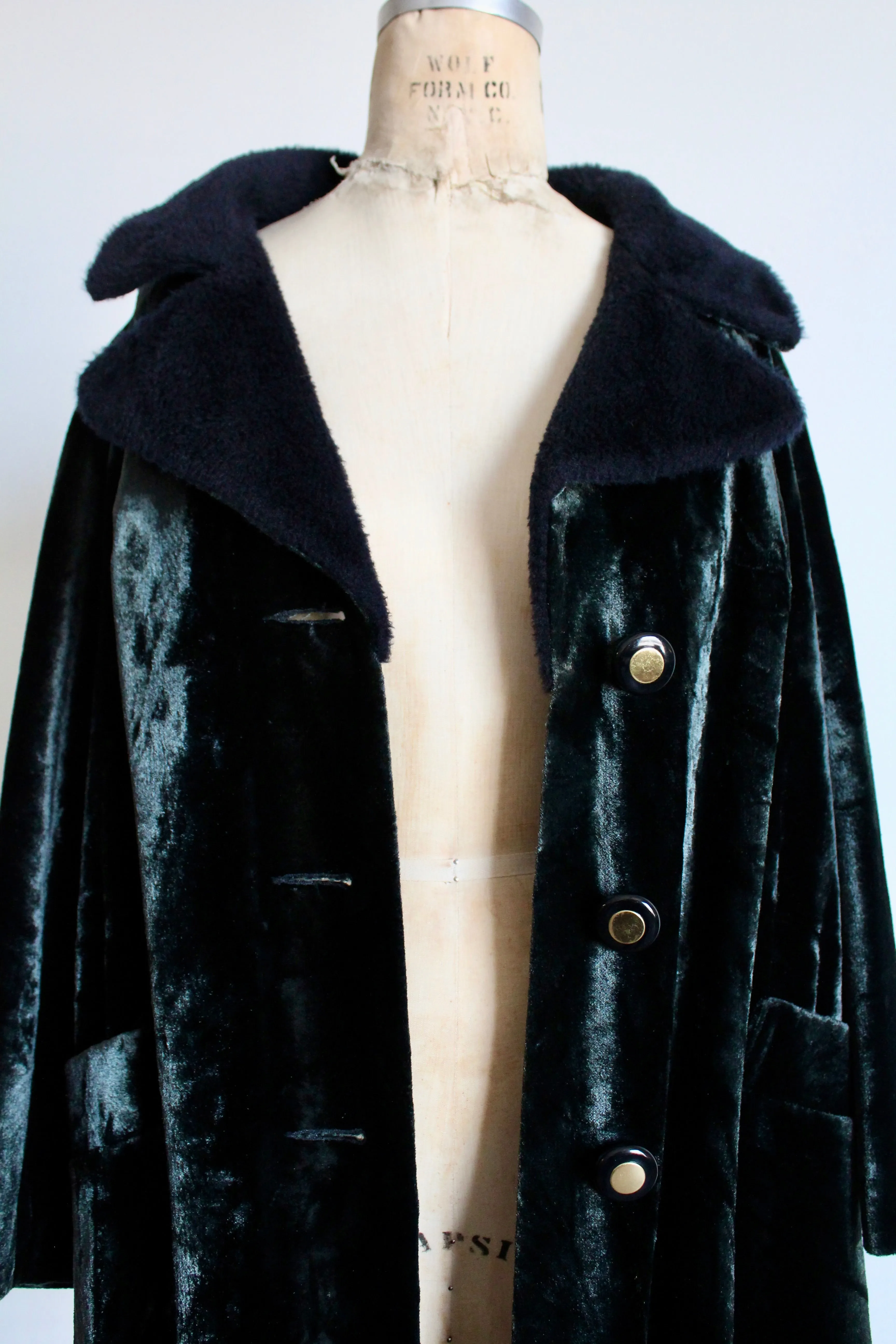 1960s Green Black Velvet Sharkskin Peacoat w/ Faux Fur Collar
