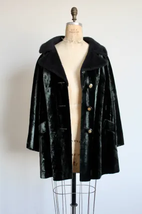 1960s Green Black Velvet Sharkskin Peacoat w/ Faux Fur Collar