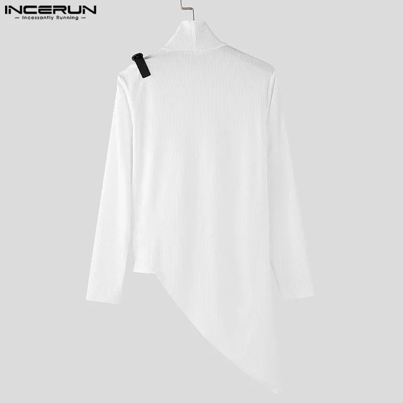 2024 INCERUN Amerikanische Mode Pendeln Tops Männer Langarm Wave Fitting T-shirts Hoher Kragen Textur Gestrickte Einfarbig Tees