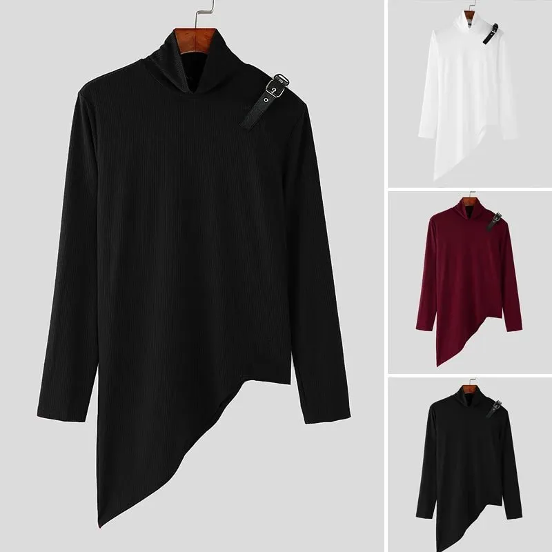 2024 INCERUN Amerikanische Mode Pendeln Tops Männer Langarm Wave Fitting T-shirts Hoher Kragen Textur Gestrickte Einfarbig Tees