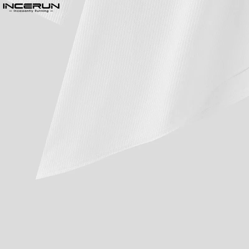 2024 INCERUN Amerikanische Mode Pendeln Tops Männer Langarm Wave Fitting T-shirts Hoher Kragen Textur Gestrickte Einfarbig Tees