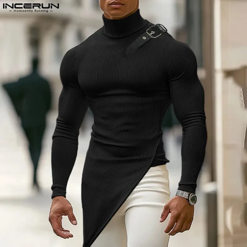 2024 INCERUN Amerikanische Mode Pendeln Tops Männer Langarm Wave Fitting T-shirts Hoher Kragen Textur Gestrickte Einfarbig Tees