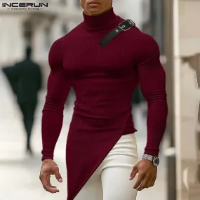 2024 INCERUN Amerikanische Mode Pendeln Tops Männer Langarm Wave Fitting T-shirts Hoher Kragen Textur Gestrickte Einfarbig Tees