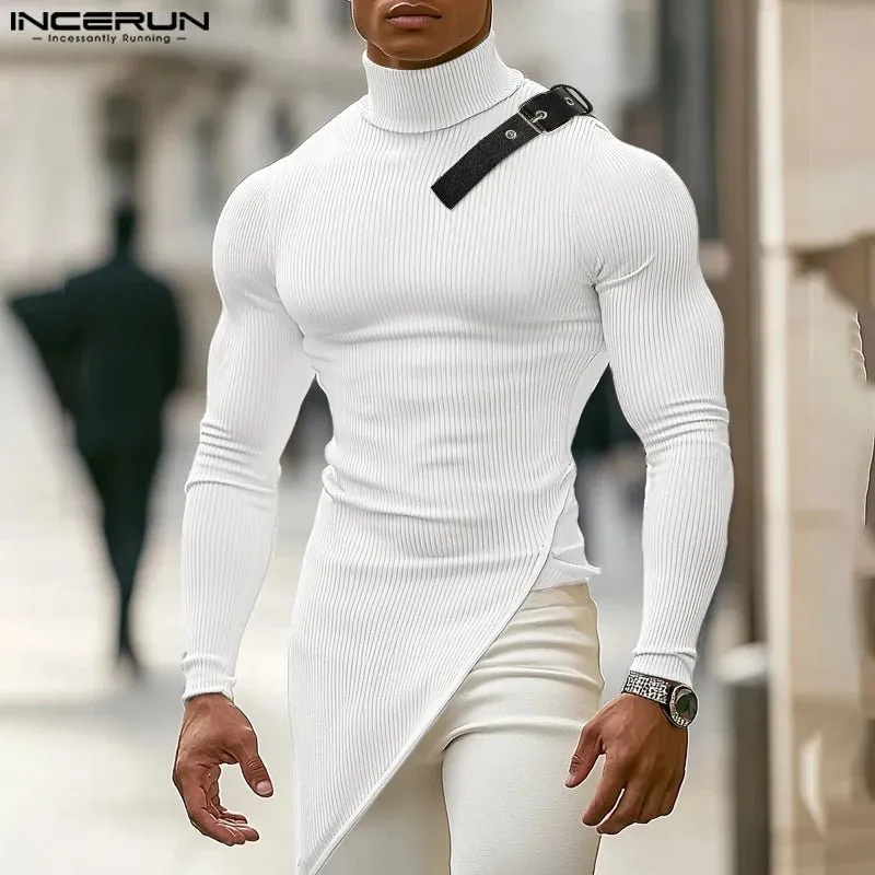 2024 INCERUN Amerikanische Mode Pendeln Tops Männer Langarm Wave Fitting T-shirts Hoher Kragen Textur Gestrickte Einfarbig Tees
