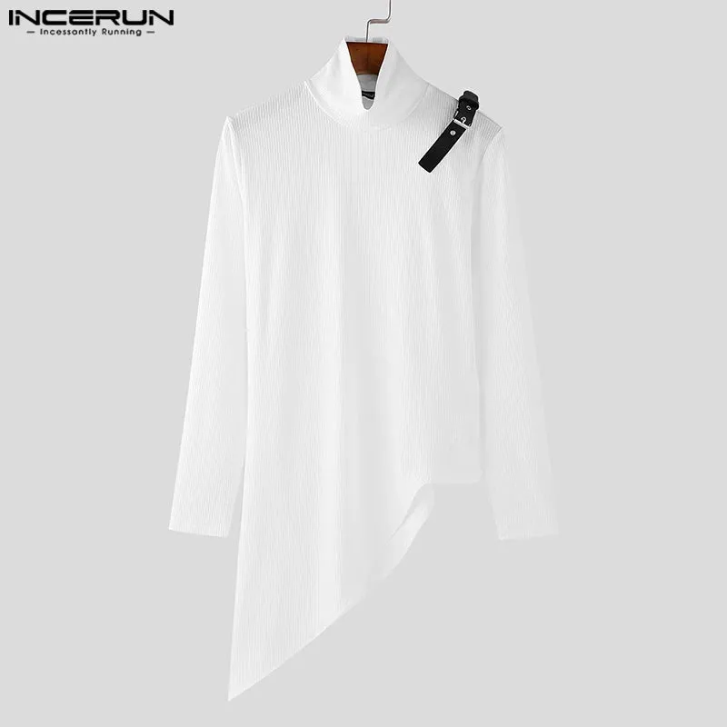 2024 INCERUN Amerikanische Mode Pendeln Tops Männer Langarm Wave Fitting T-shirts Hoher Kragen Textur Gestrickte Einfarbig Tees