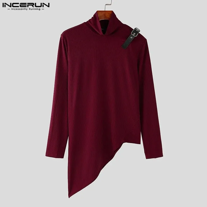 2024 INCERUN Amerikanische Mode Pendeln Tops Männer Langarm Wave Fitting T-shirts Hoher Kragen Textur Gestrickte Einfarbig Tees