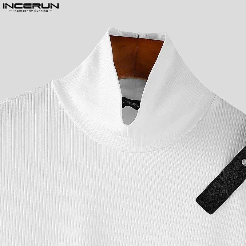 2024 INCERUN Amerikanische Mode Pendeln Tops Männer Langarm Wave Fitting T-shirts Hoher Kragen Textur Gestrickte Einfarbig Tees
