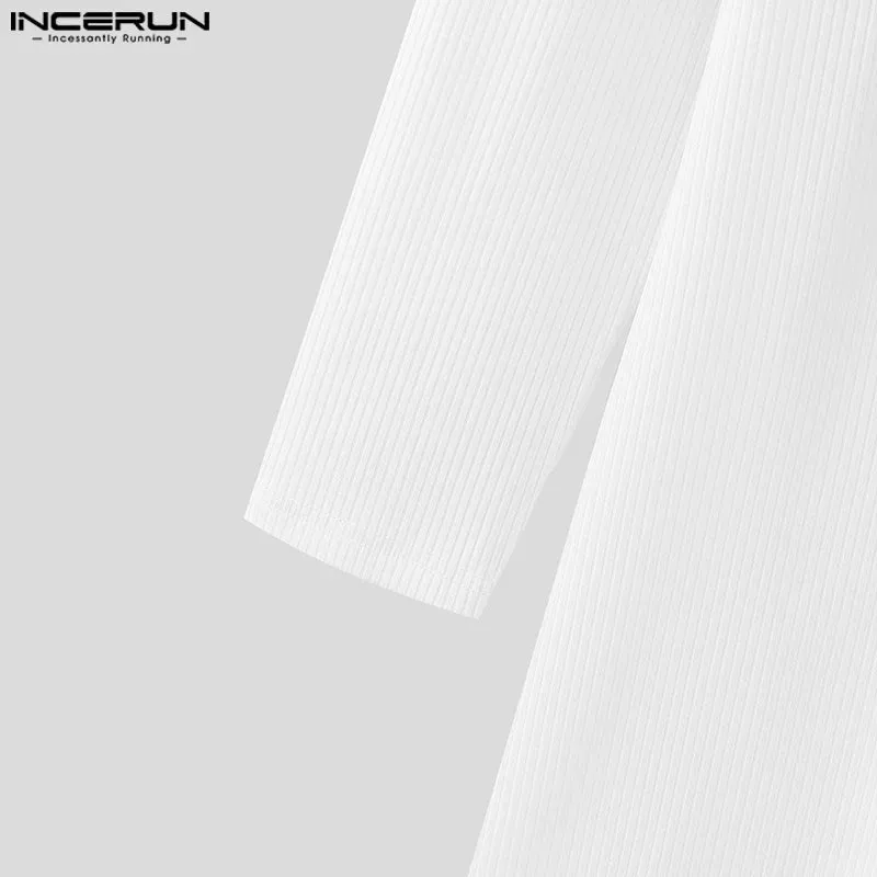 2024 INCERUN Amerikanische Mode Pendeln Tops Männer Langarm Wave Fitting T-shirts Hoher Kragen Textur Gestrickte Einfarbig Tees