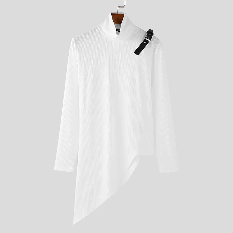 2024 INCERUN Amerikanische Mode Pendeln Tops Männer Langarm Wave Fitting T-shirts Hoher Kragen Textur Gestrickte Einfarbig Tees