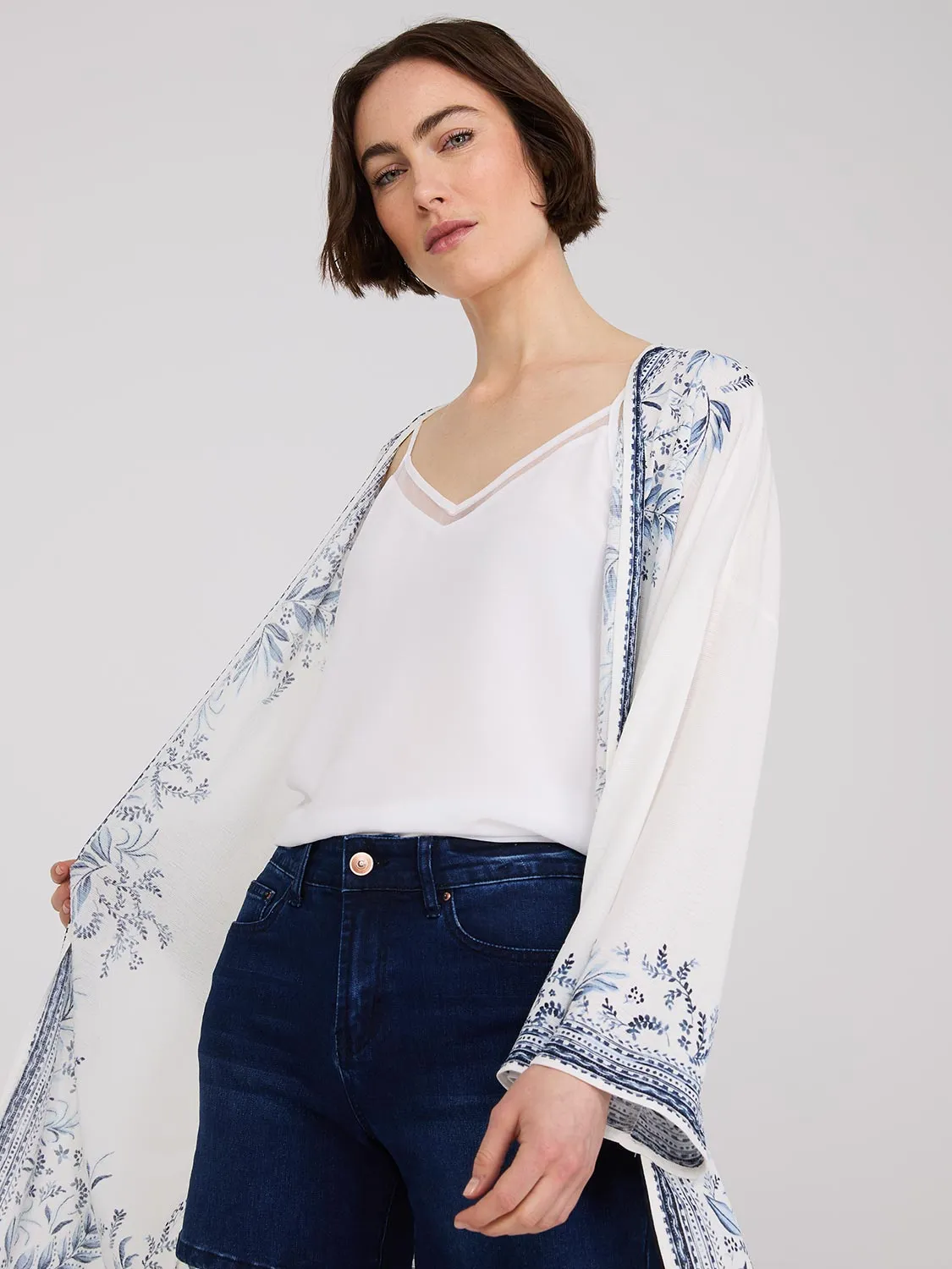 3/4 Sleeve Textured Kimono With Border Print