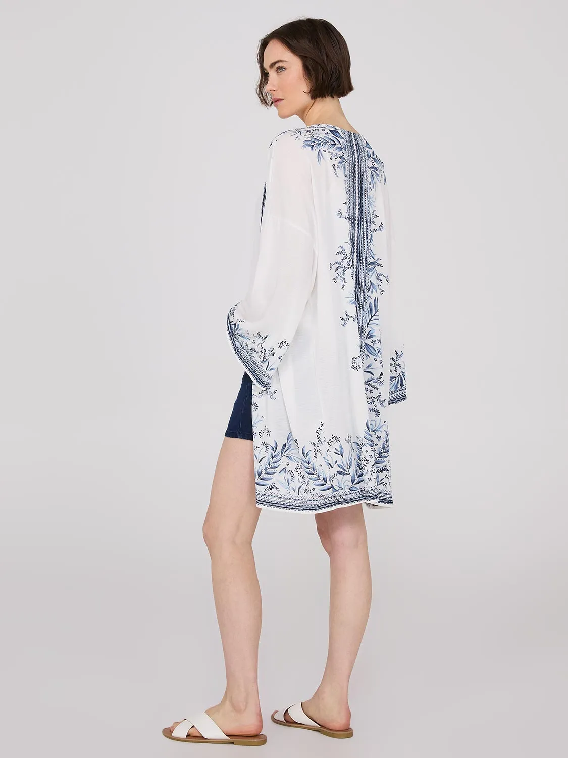 3/4 Sleeve Textured Kimono With Border Print