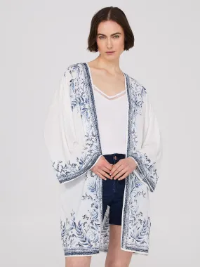 3/4 Sleeve Textured Kimono With Border Print
