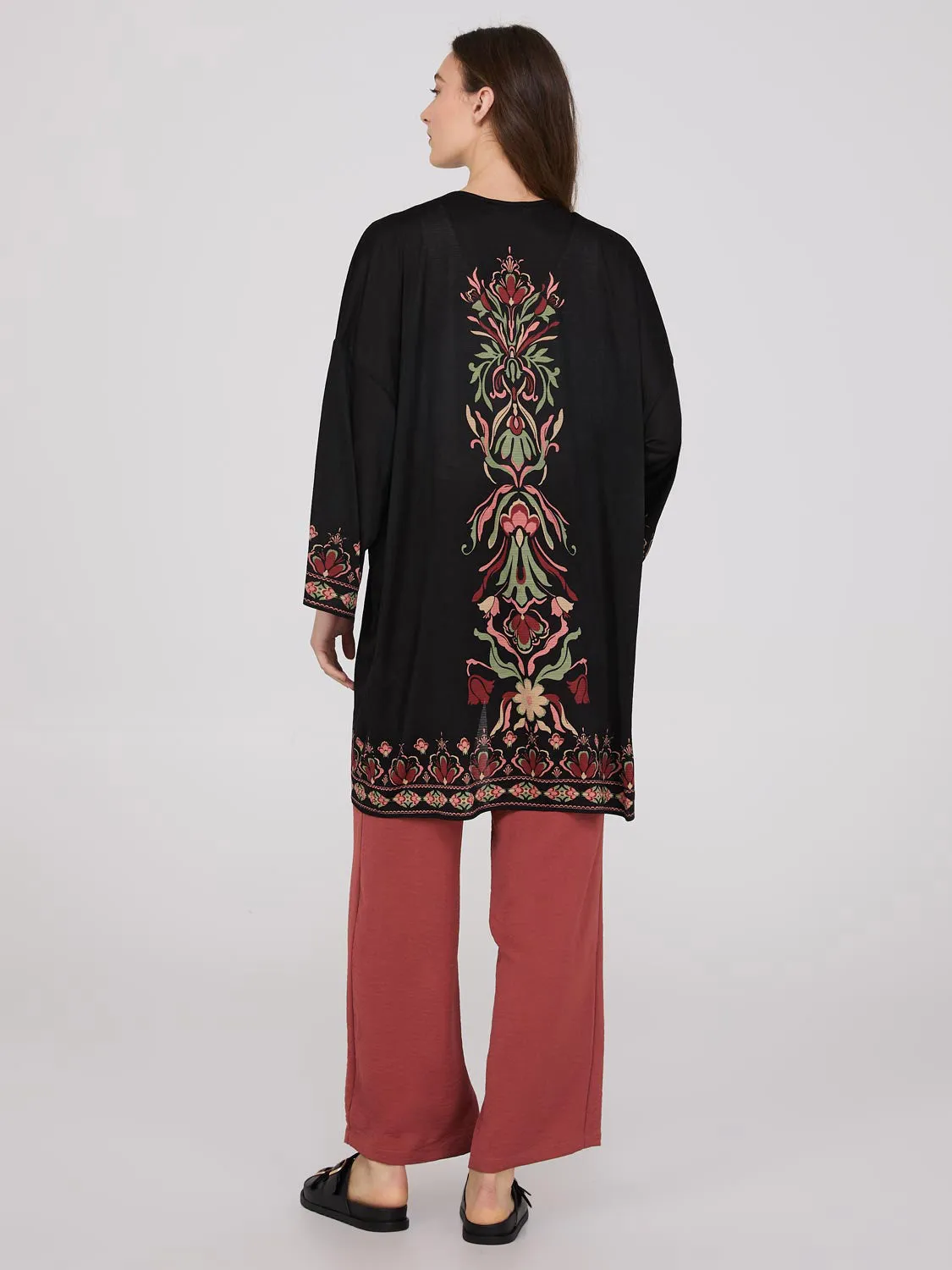 3/4 Sleeve Textured Kimono With Ikat Border Print