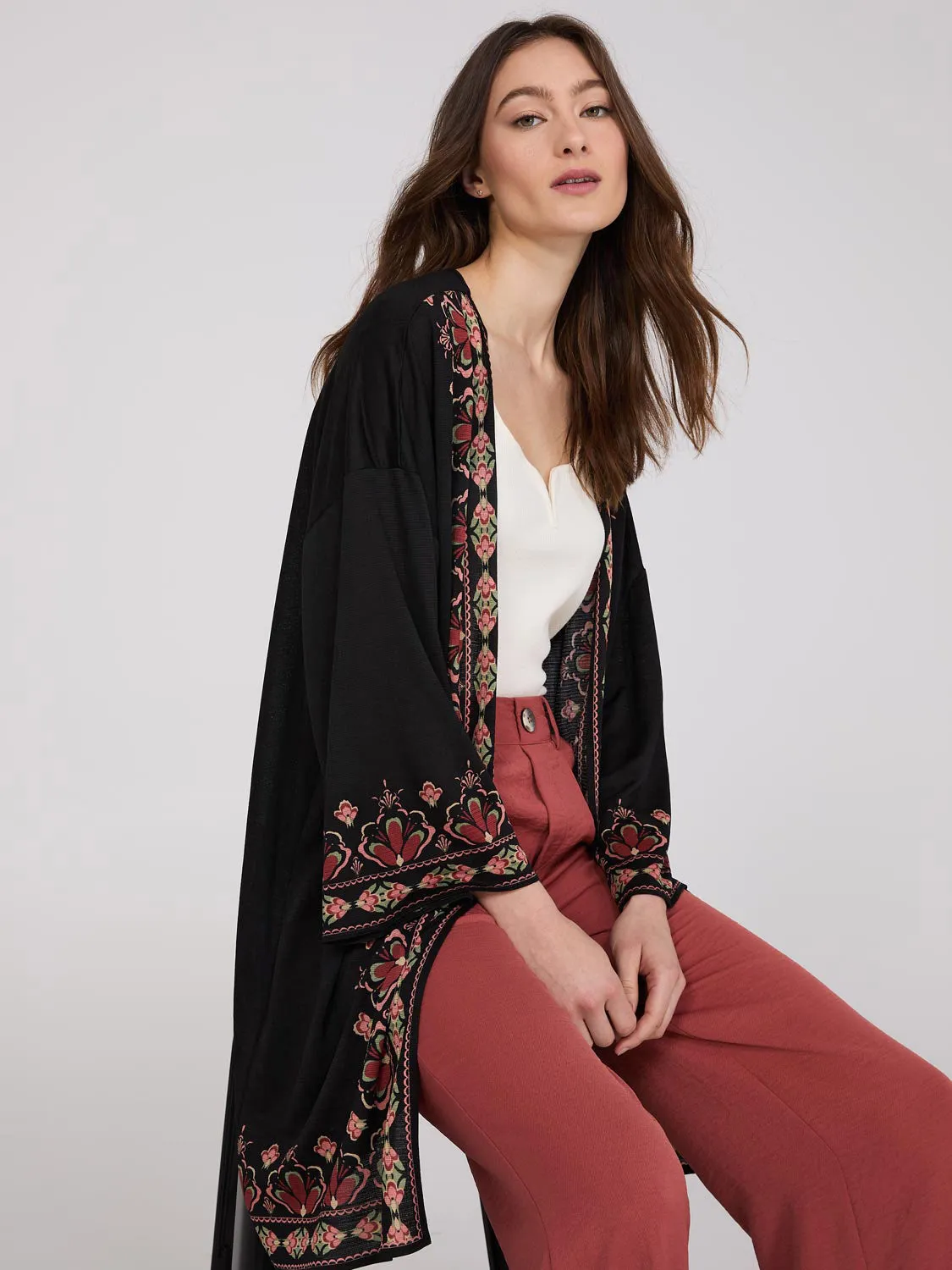 3/4 Sleeve Textured Kimono With Ikat Border Print