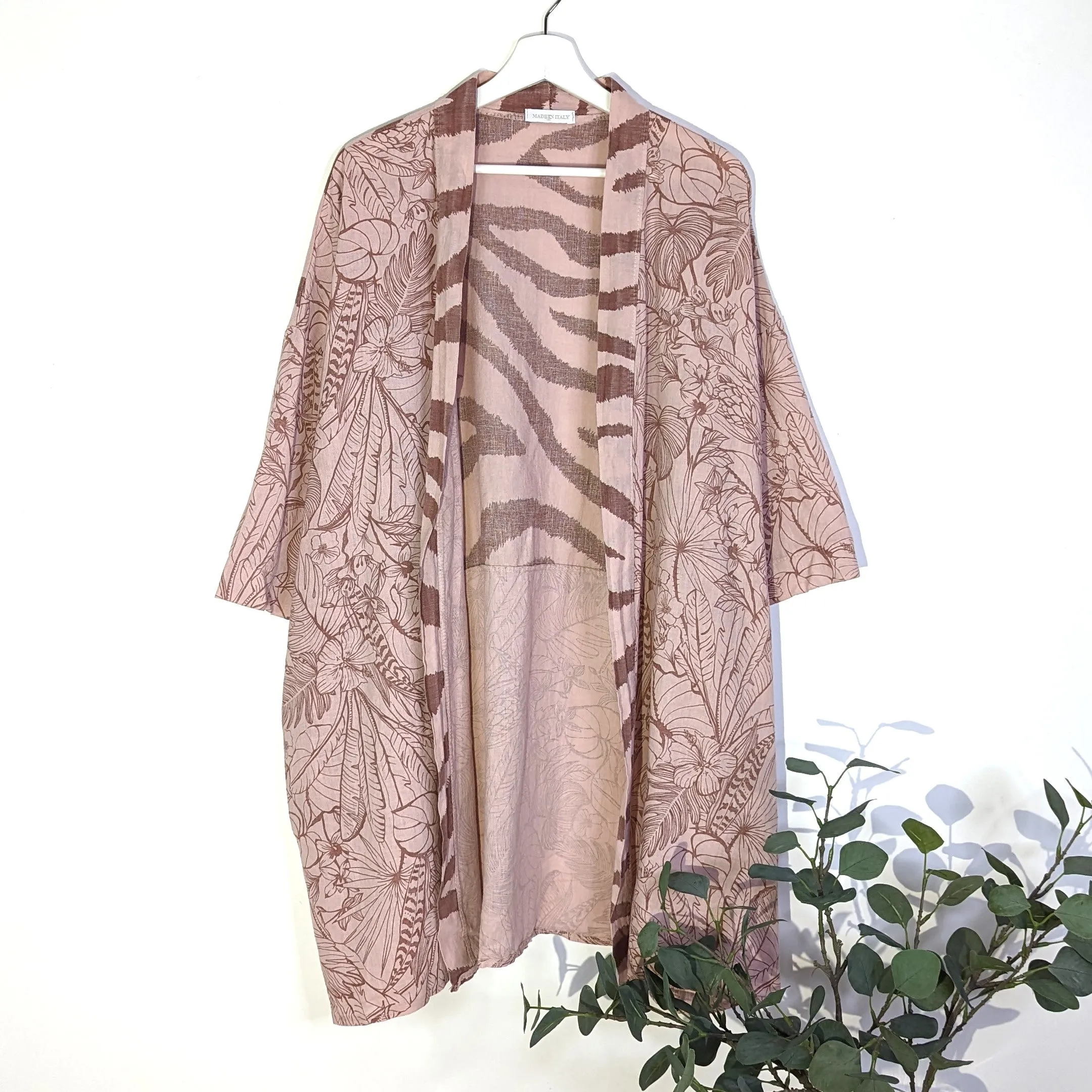 Animal fusion print linen cotton mix 3/4 length kimono with pockets (M-XXL)