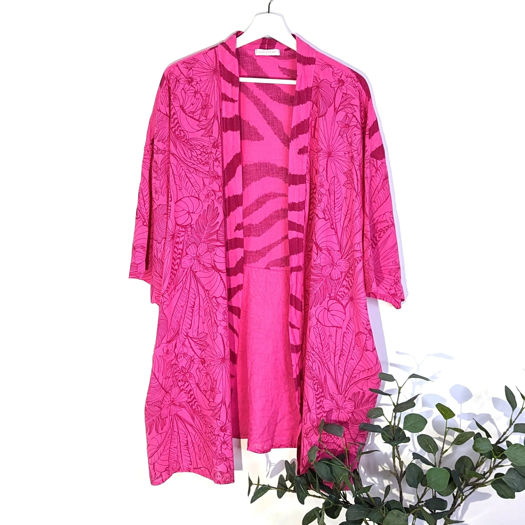 Animal fusion print linen cotton mix 3/4 length kimono with pockets (M-XXL)