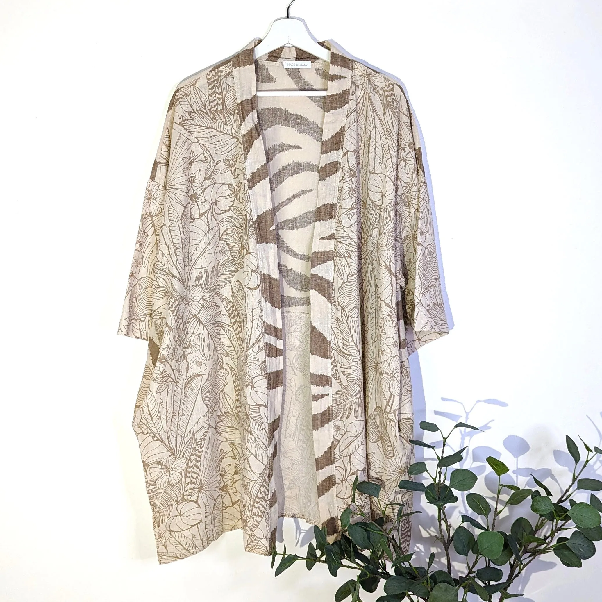 Animal fusion print linen cotton mix 3/4 length kimono with pockets (M-XXL)