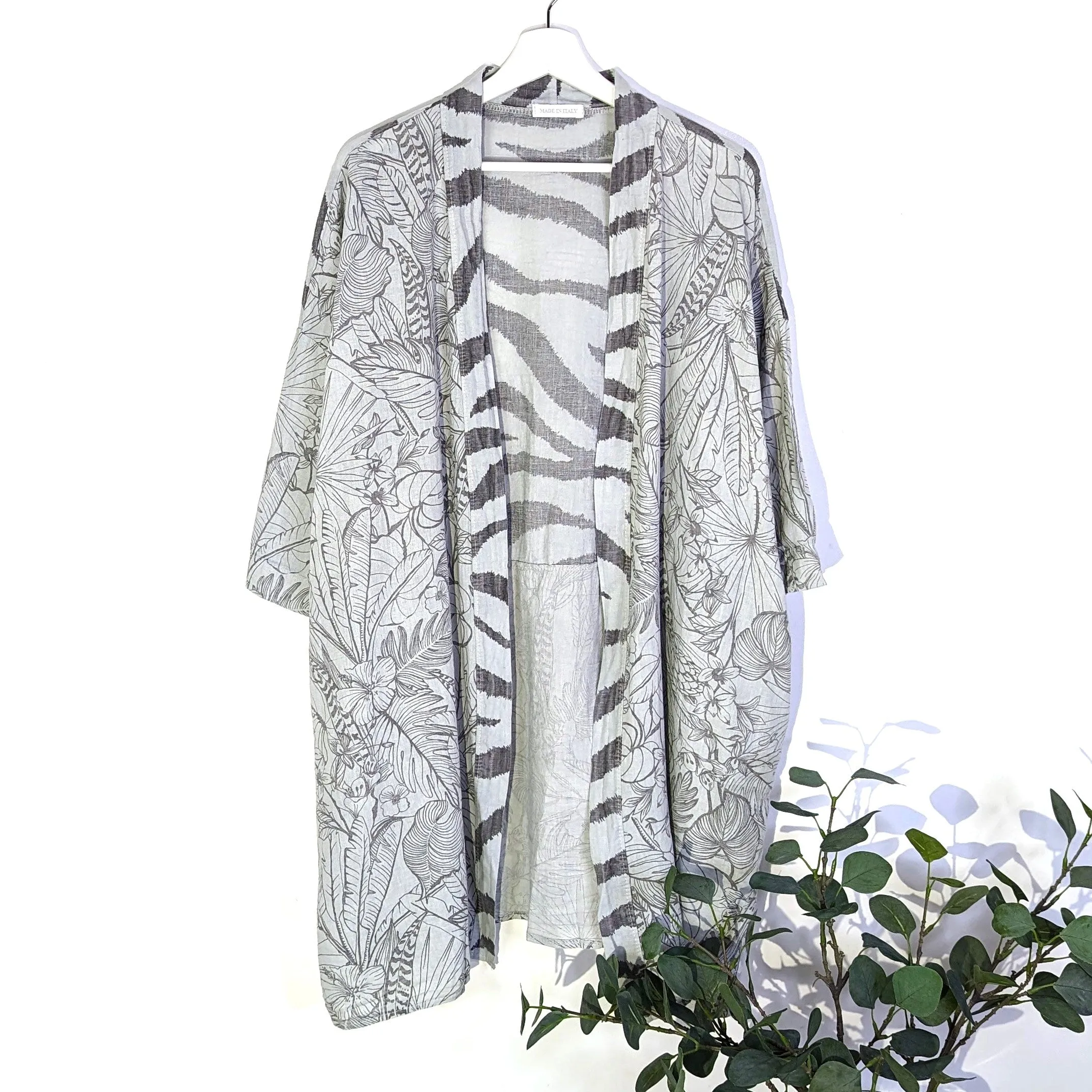 Animal fusion print linen cotton mix 3/4 length kimono with pockets (M-XXL)