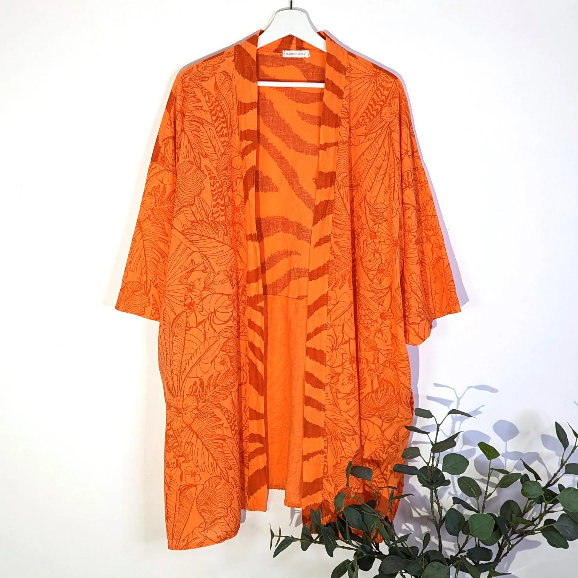Animal fusion print linen cotton mix 3/4 length kimono with pockets (M-XXL)