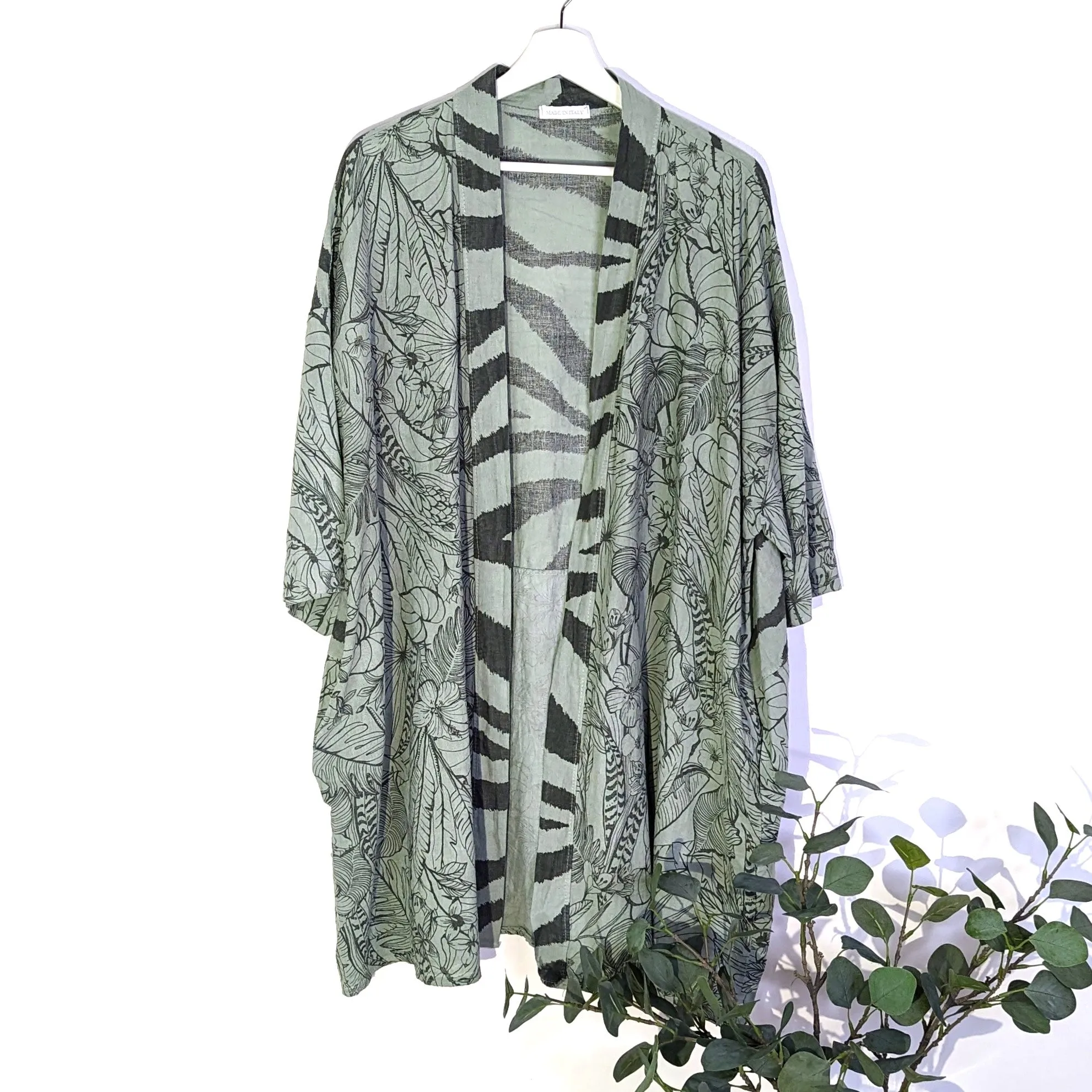 Animal fusion print linen cotton mix 3/4 length kimono with pockets (M-XXL)