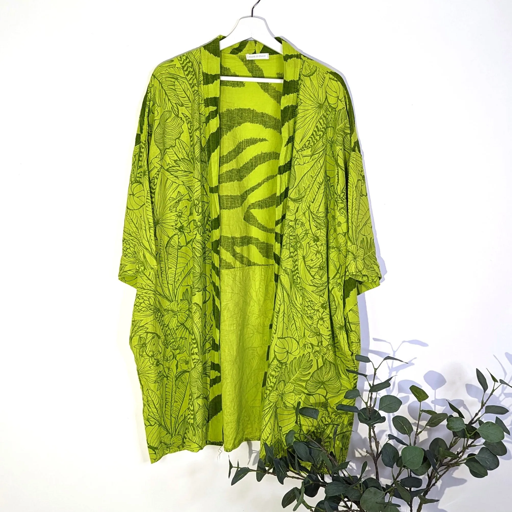 Animal fusion print linen cotton mix 3/4 length kimono with pockets (M-XXL)
