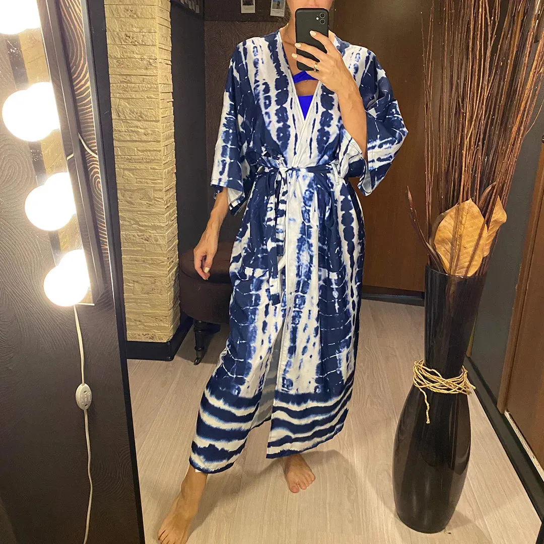 Aphrodite Blue Tie-dye Kimono Beach Cover Up With Belt