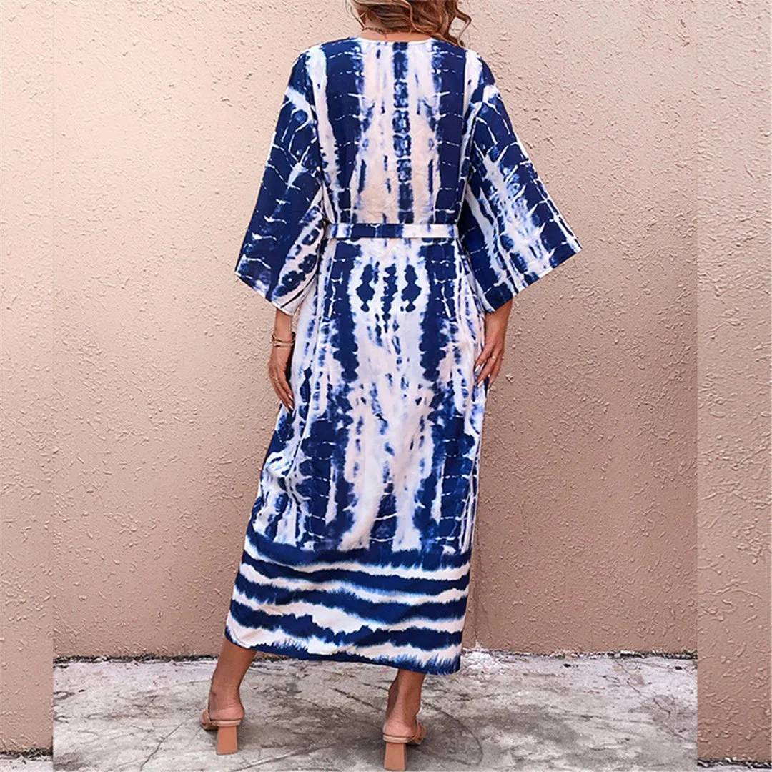 Aphrodite Blue Tie-dye Kimono Beach Cover Up With Belt