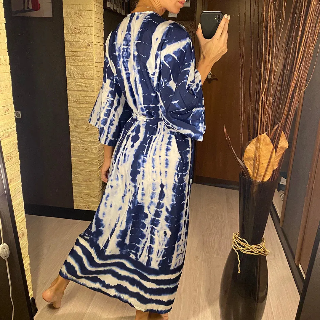 Aphrodite Blue Tie-dye Kimono Beach Cover Up With Belt