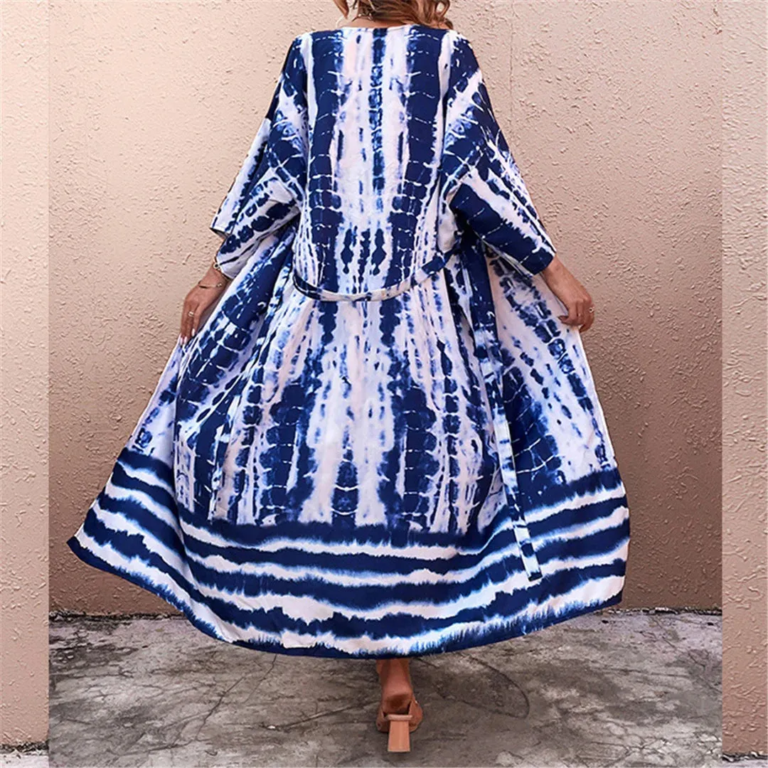 Aphrodite Blue Tie-dye Kimono Beach Cover Up With Belt