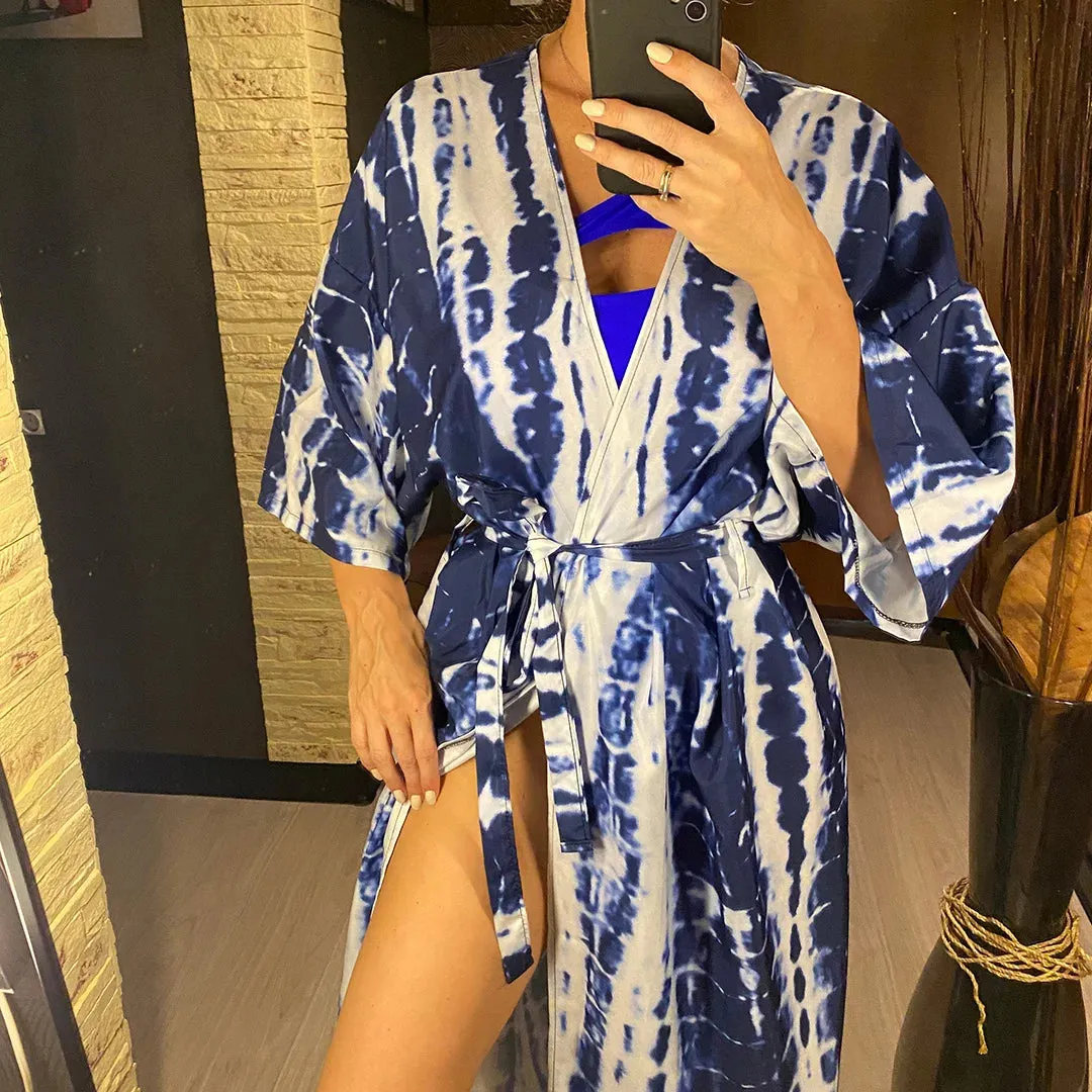 Aphrodite Blue Tie-dye Kimono Beach Cover Up With Belt