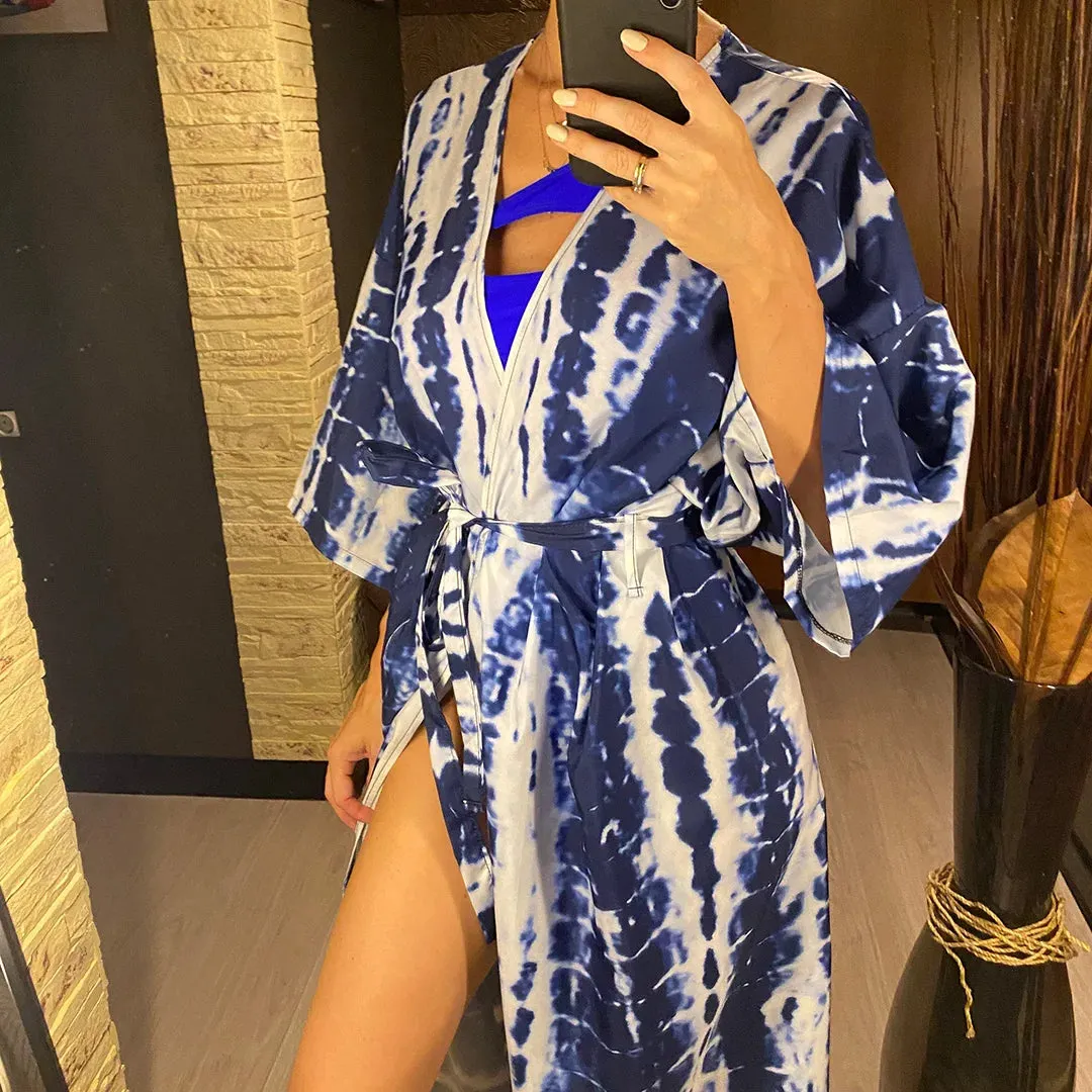 Aphrodite Blue Tie-dye Kimono Beach Cover Up With Belt