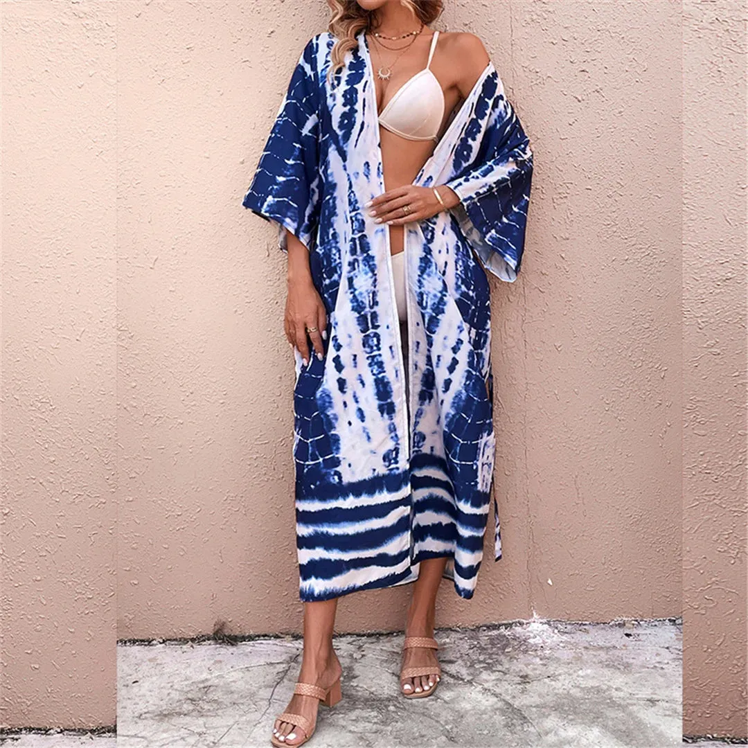 Aphrodite Blue Tie-dye Kimono Beach Cover Up With Belt