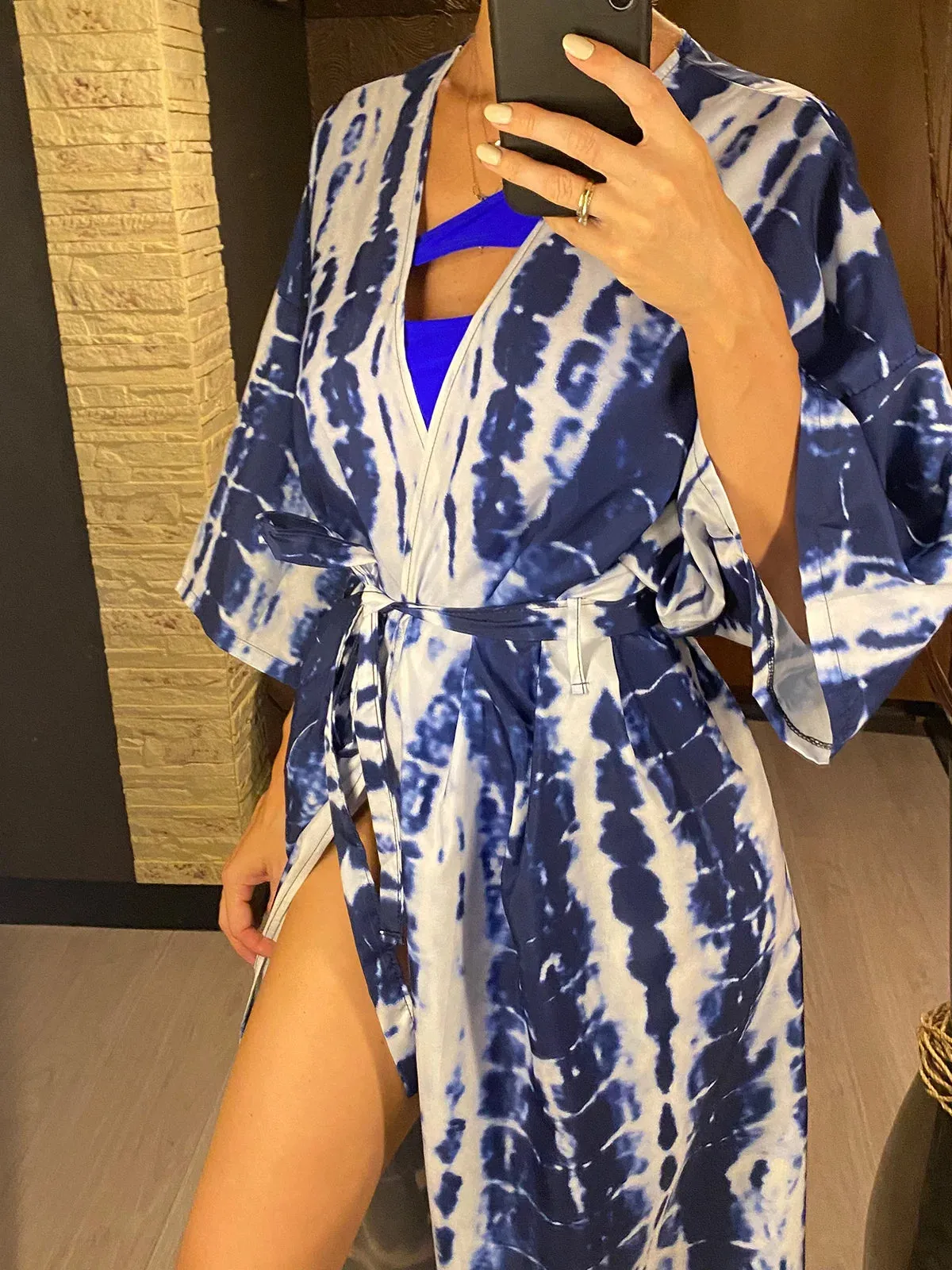 Aphrodite Blue Tie-dye Kimono Beach Cover Up With Belt