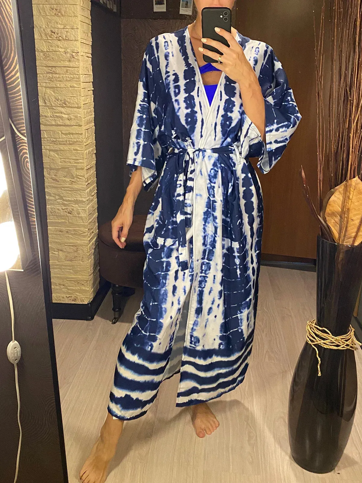 Aphrodite Blue Tie-dye Kimono Beach Cover Up With Belt