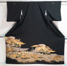 Artistic Golden Tomesode - Intricately Detailed Vintage Kuro Women's Kimono Japanese Patterns Flowers Fans Great Wave off Kanagawa Inspired