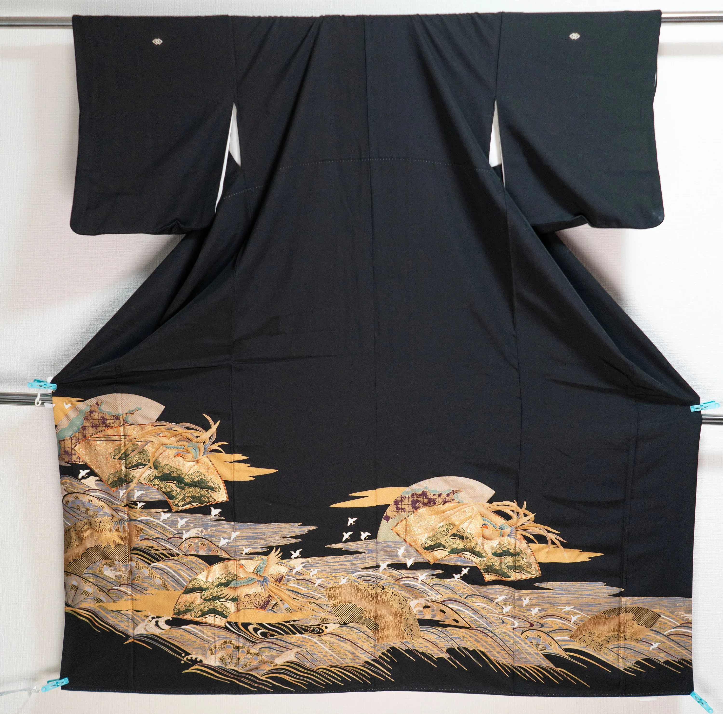 Artistic Golden Tomesode - Intricately Detailed Vintage Kuro Women's Kimono Japanese Patterns Flowers Fans Great Wave off Kanagawa Inspired