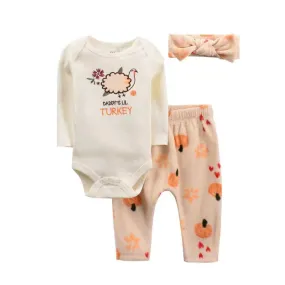 Baby Girl Thanksgiving Onesie Set: Thermal Pants, Onesie, and Headband