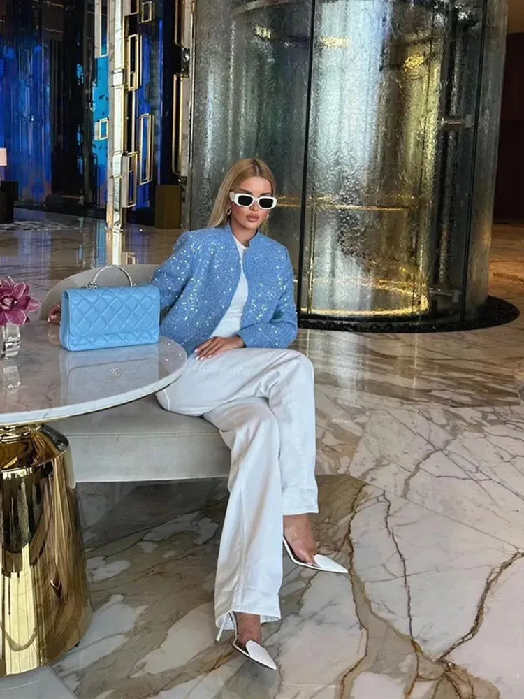 Back To School Joskaa Casual Blue Sequined Round Neck Women's Jacket Fashion Long Sleeved Outerwear 2024 Autumn Female High Street Commute Coats