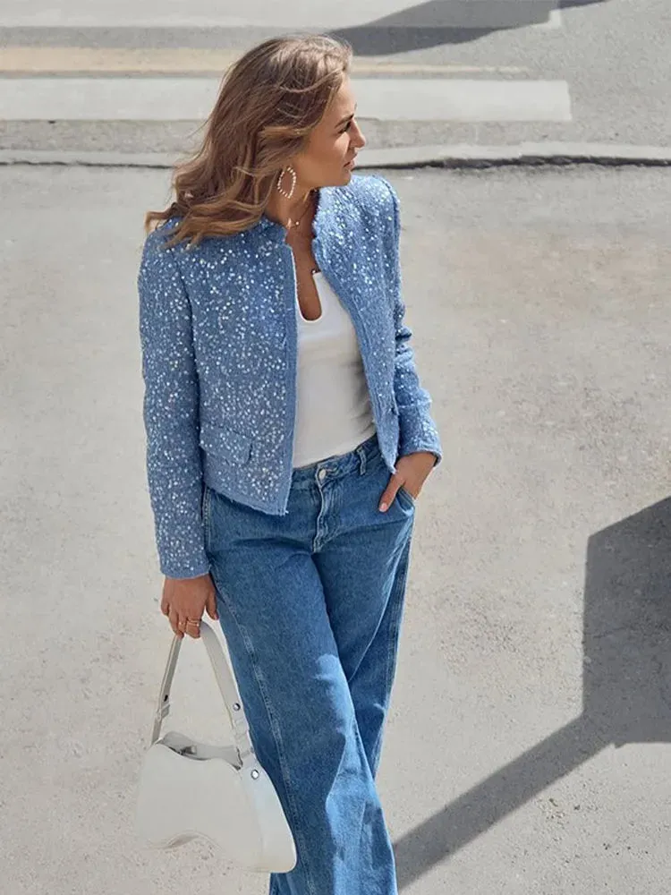 Back To School Joskaa Casual Blue Sequined Round Neck Women's Jacket Fashion Long Sleeved Outerwear 2024 Autumn Female High Street Commute Coats