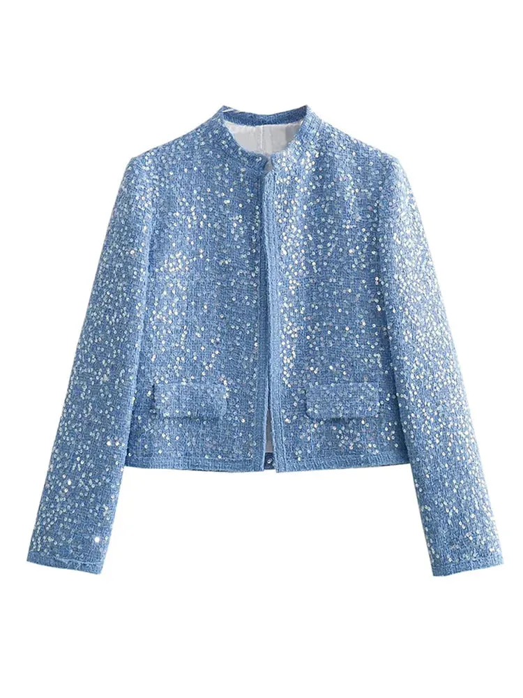 Back To School Joskaa Casual Blue Sequined Round Neck Women's Jacket Fashion Long Sleeved Outerwear 2024 Autumn Female High Street Commute Coats